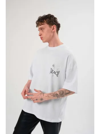 Unisex Bisiklet Yaka Baskılı Oversize T-Shirt - Beyaz Unisex Bisiklet Yaka Baskılı Oversize T-Shirt - Beyaz