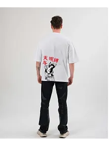 Unisex Bisiklet Yaka Baskılı Oversize T-shirt - Beyaz