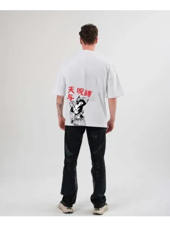 Unisex Bisiklet Yaka Baskılı Oversize T-Shirt - Beyaz Unisex Bisiklet Yaka Baskılı Oversize T-Shirt - Beyaz