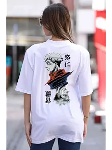 Unisex Bisiklet Yaka Baskılı Oversize T-shirt - Beyaz