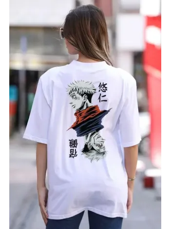 Unisex Bisiklet Yaka Baskılı Oversize T-Shirt - Beyaz Unisex Bisiklet Yaka Baskılı Oversize T-Shirt - Beyaz