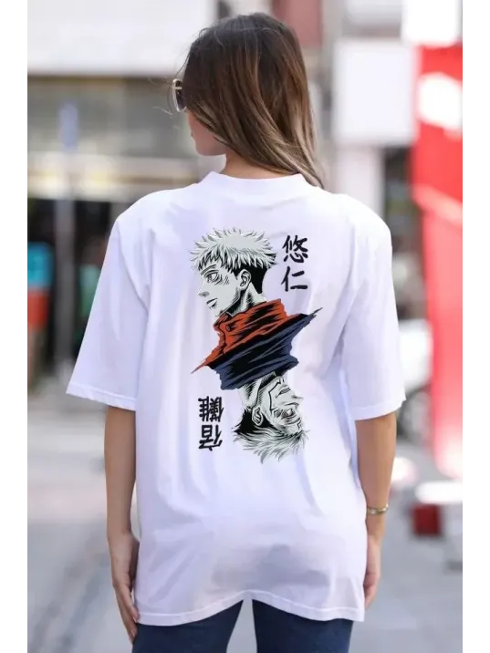 Unisex Bisiklet Yaka Baskılı Oversize T-Shirt - Beyaz