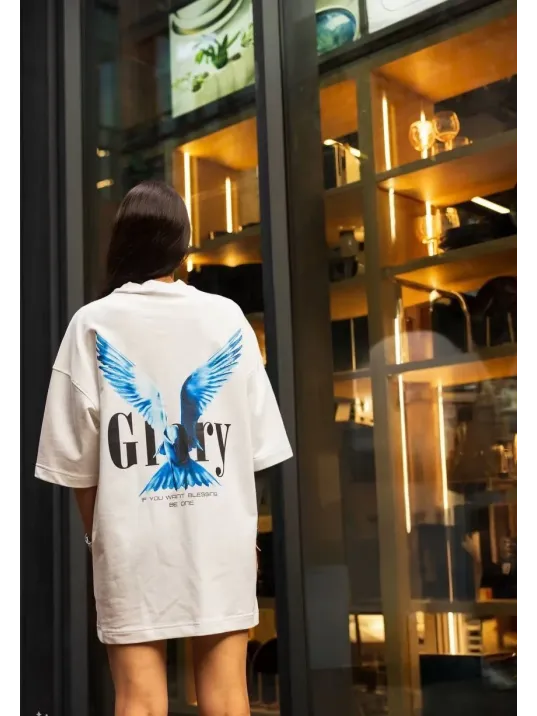 Unisex Bisiklet Yaka Baskılı Oversize T-Shirt - Beyaz