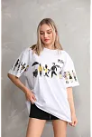 Unisex Bisiklet Yaka Baskılı Oversize T-shirt - Beyaz