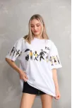 Unisex Bisiklet Yaka Baskılı Oversize T-shirt - Beyaz