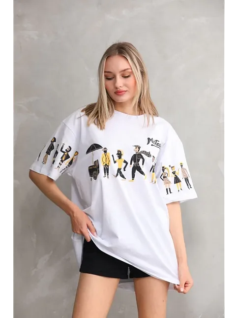 Unisex Bisiklet Yaka Baskılı Oversize T-shirt - Beyaz