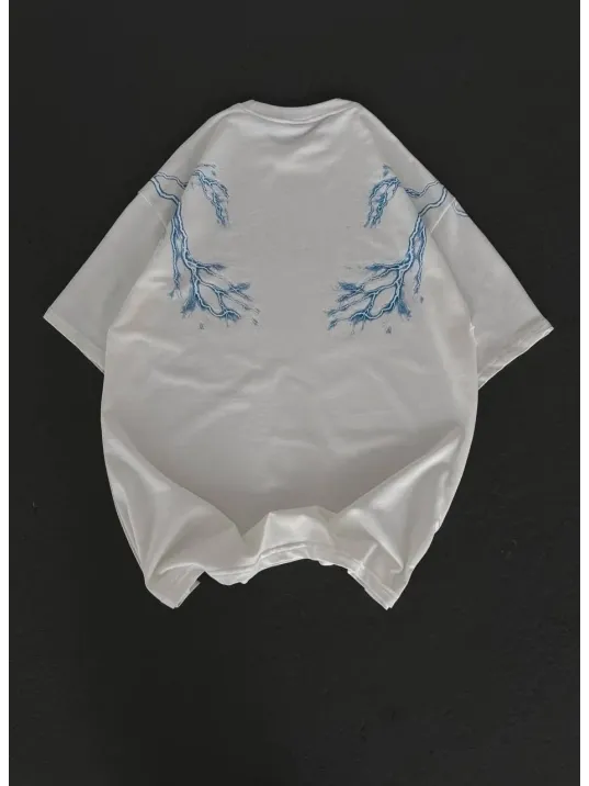 Unisex Bisiklet Yaka Baskılı Oversize T-Shirt - Beyaz