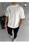 Unisex Bisiklet Yaka Baskılı Oversize T-shirt - Beyaz