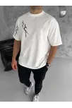 Unisex Bisiklet Yaka Baskılı Oversize T-shirt - Beyaz Unisex Bisiklet Yaka Baskılı Oversize T-shirt - Beyaz