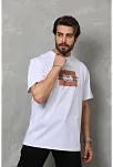 Unisex Bisiklet Yaka Baskılı Oversize T-shirt - Beyaz