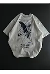 Unisex Bisiklet Yaka Baskılı Oversize T-shirt - Beyaz
