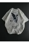 Unisex Bisiklet Yaka Baskılı Oversize T-shirt - Beyaz