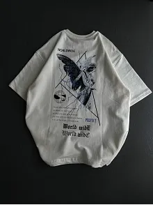 Unisex Bisiklet Yaka Baskılı Oversize T-shirt - Beyaz