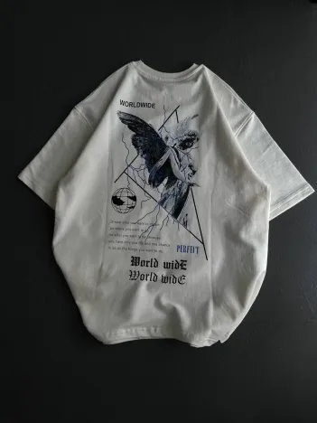 Unisex Bisiklet Yaka Baskılı Oversize T-Shirt - Beyaz Unisex Bisiklet Yaka Baskılı Oversize T-Shirt - Beyaz