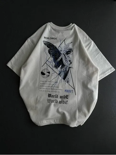 Unisex Bisiklet Yaka Baskılı Oversize T-shirt - Beyaz