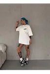 Unisex Bisiklet Yaka Baskılı Oversize T-shirt - Beyaz