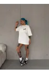 Unisex Bisiklet Yaka Baskılı Oversize T-shirt - Beyaz