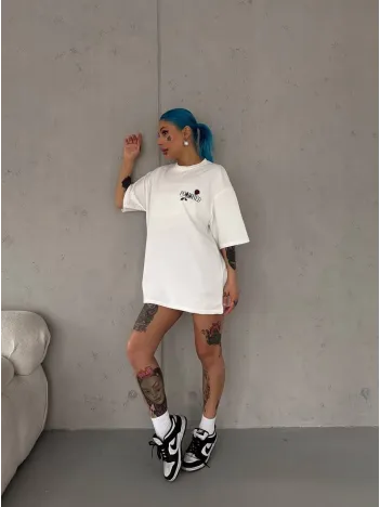 Unisex Bisiklet Yaka Baskılı Oversize T-Shirt - Beyaz Unisex Bisiklet Yaka Baskılı Oversize T-Shirt - Beyaz