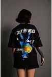 Unisex Bisiklet Yaka Baskılı Oversize T-shirt - Siyah