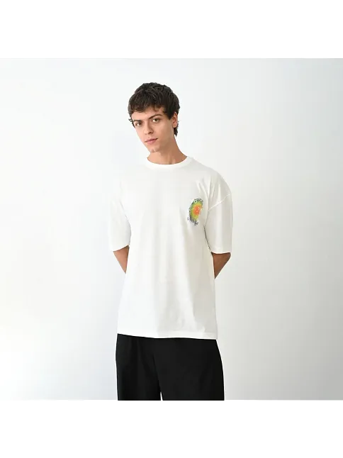 Unisex Bisiklet Yaka Baskılı Oversize T-shirt - Beyaz