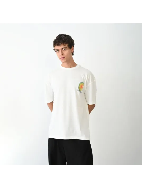 Unisex Bisiklet Yaka Baskılı Oversize T-shirt - Beyaz Unisex Bisiklet Yaka Baskılı Oversize T-shirt - Beyaz