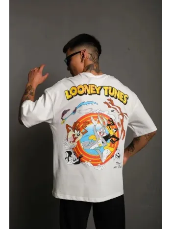 Unisex Bisiklet Yaka Baskılı Oversize T-Shirt - Beyaz Unisex Bisiklet Yaka Baskılı Oversize T-Shirt - Beyaz