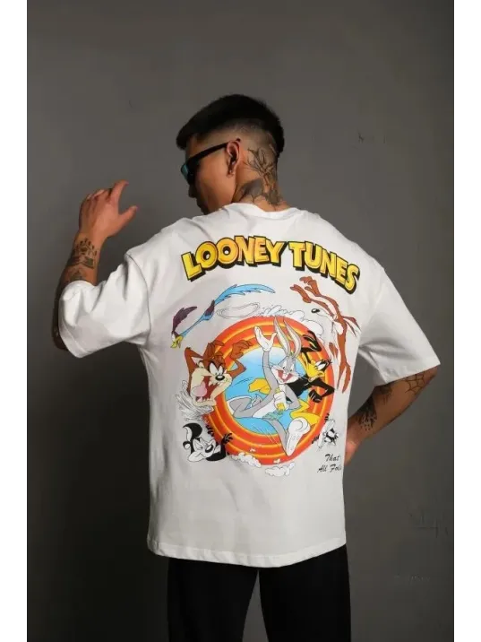 Unisex Bisiklet Yaka Baskılı Oversize T-Shirt - Beyaz Unisex Bisiklet Yaka Baskılı Oversize T-Shirt - Beyaz