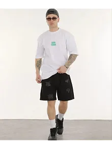 Unisex Bisiklet Yaka Baskılı Oversize T-shirt - Beyaz