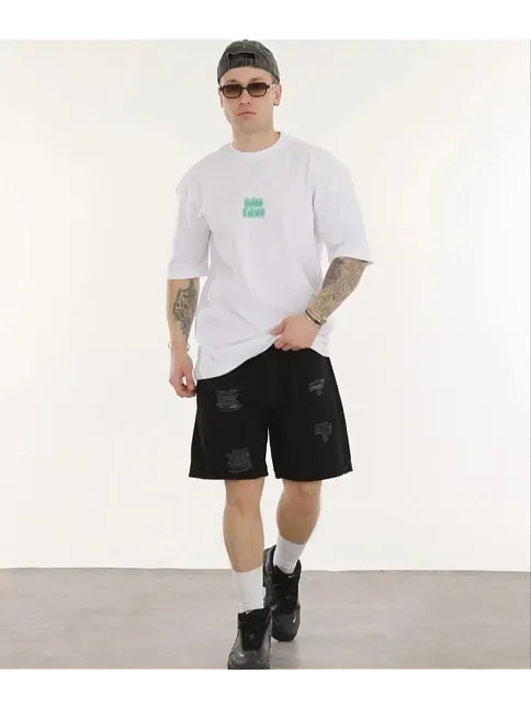 Unisex Bisiklet Yaka Baskılı Oversize T-shirt - Beyaz