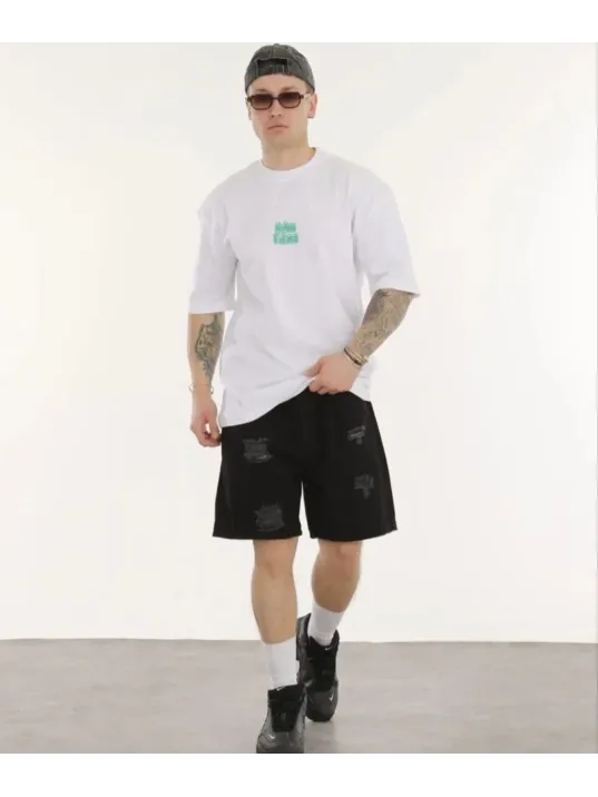 Unisex Bisiklet Yaka Baskılı Oversize T-shirt - Beyaz