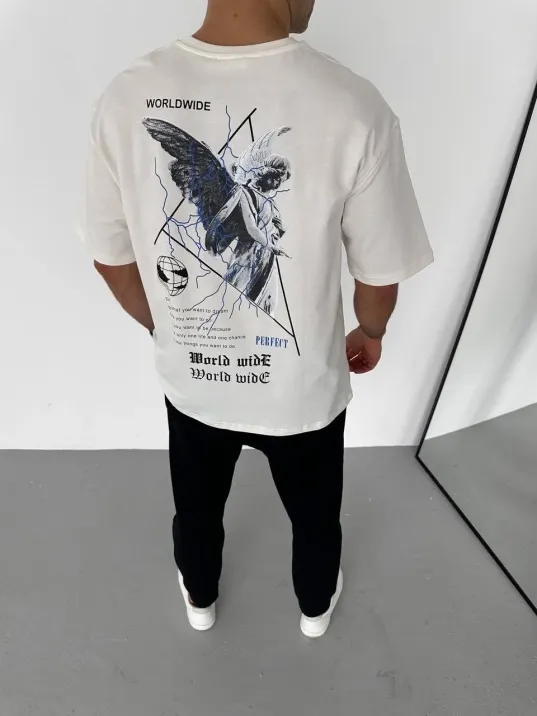Unisex Bisiklet Yaka Baskılı Oversize T-Shirt - Beyaz Unisex Bisiklet Yaka Baskılı Oversize T-Shirt - Beyaz