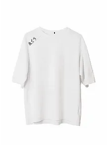 Unisex Bisiklet Yaka Baskılı Oversize T-shirt - Beyaz