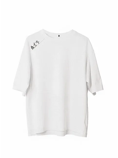 Unisex Bisiklet Yaka Baskılı Oversize T-shirt - Beyaz