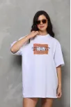 Unisex Bisiklet Yaka Baskılı Oversize T-shirt - Beyaz
