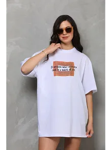 Unisex Bisiklet Yaka Baskılı Oversize T-shirt - Beyaz
