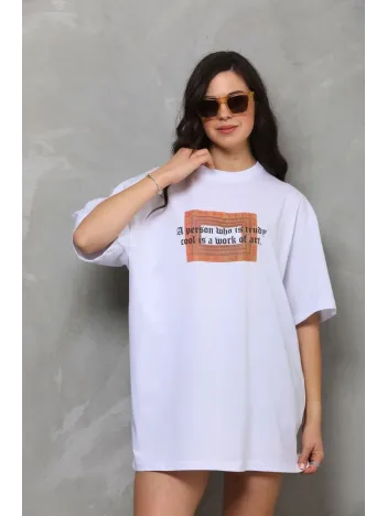 Unisex Bisiklet Yaka Baskılı Oversize T-Shirt - Beyaz Unisex Bisiklet Yaka Baskılı Oversize T-Shirt - Beyaz