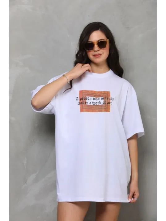 Unisex Bisiklet Yaka Baskılı Oversize T-Shirt - Beyaz Unisex Bisiklet Yaka Baskılı Oversize T-Shirt - Beyaz