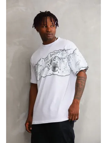 Unisex Bisiklet Yaka Baskılı Oversize T-Shirt - Beyaz Unisex Bisiklet Yaka Baskılı Oversize T-Shirt - Beyaz