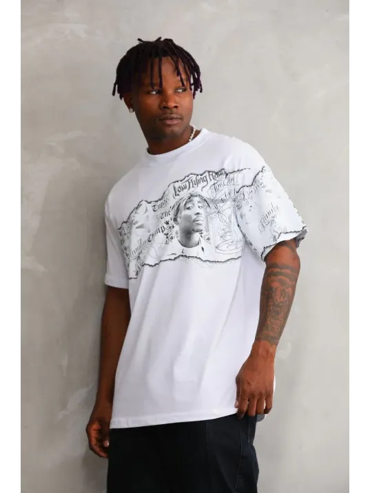 Unisex Bisiklet Yaka Baskılı Oversize T-Shirt - Beyaz Unisex Bisiklet Yaka Baskılı Oversize T-Shirt - Beyaz