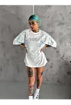Unisex Bisiklet Yaka Baskılı Oversize T-shirt - Beyaz