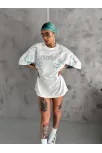 Unisex Bisiklet Yaka Baskılı Oversize T-shirt - Beyaz
