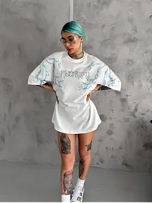 Unisex Bisiklet Yaka Baskılı Oversize T-shirt - Beyaz