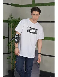 Unisex Bisiklet Yaka Baskılı Oversize T-shirt - Beyaz