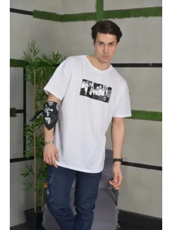 Unisex Bisiklet Yaka Baskılı Oversize T-Shirt - Beyaz Unisex Bisiklet Yaka Baskılı Oversize T-Shirt - Beyaz