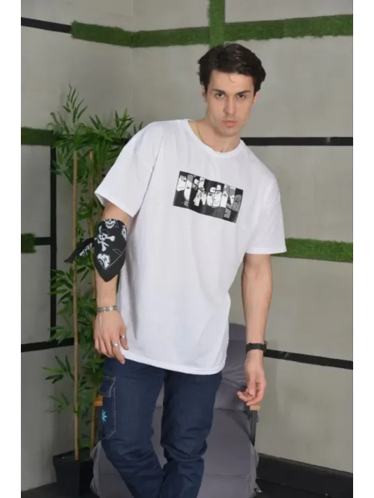 Unisex Bisiklet Yaka Baskılı Oversize T-Shirt - Beyaz Unisex Bisiklet Yaka Baskılı Oversize T-Shirt - Beyaz