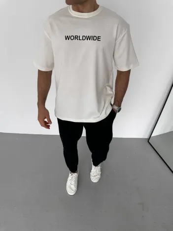 Unisex Bisiklet Yaka Baskılı Oversize T-Shirt - Beyaz Unisex Bisiklet Yaka Baskılı Oversize T-Shirt - Beyaz