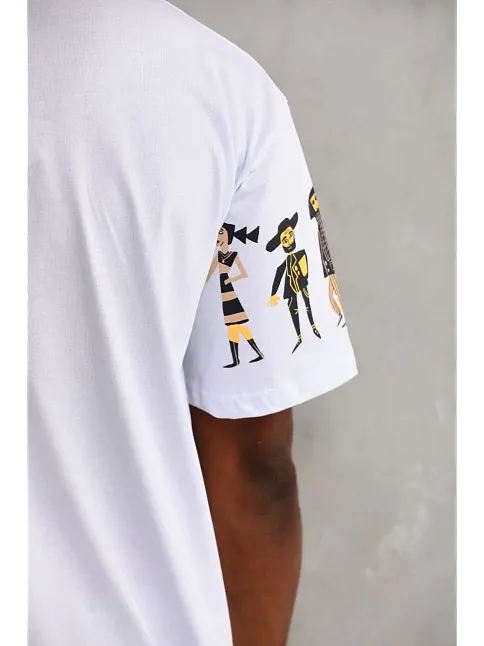 Unisex Bisiklet Yaka Baskılı Oversize T-shirt - Beyaz