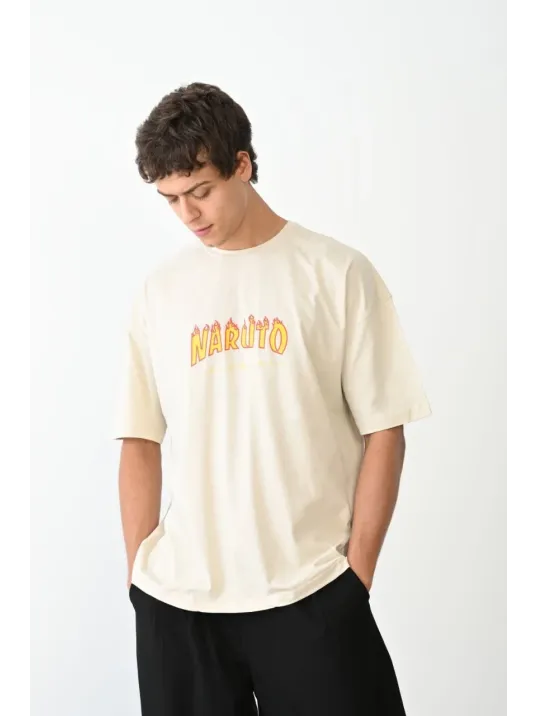 Unisex Bisiklet Yaka Baskılı Oversize T-shirt - Beyaz