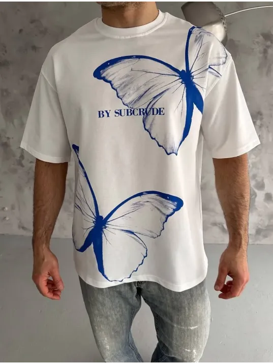 Unisex Bisiklet Yaka Baskılı Oversize T-shirt - Beyaz