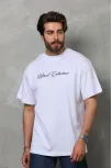 Unisex Bisiklet Yaka Baskılı Oversize T-shirt - Beyaz